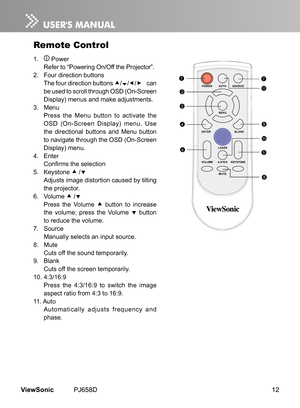 Page 17
12ViewSonic	 PJ658D

Remote Control
1.	 		Power 	
	 Refer 	 to 	 “Power  ng 	 On/Off 	 the 	 Projector”.
2.
	
	 Four 	 d  rect  on 	 buttons
	 The
	 four 	 d  rect  on 	 buttons 	
/// can 	
be
	
used
	
to
	
scroll
	
through
	
OSD
	
(On-Screen 	
D

splay)
	
menus
	
and
	
make
	
adjustments.
3.
	
	 Menu
	
	 Press
	
the
	
Menu
	
button
	
to
	
act

vate 	 the 	
OSD
	
(On-Screen
	
D

splay)
	
menu. 	 Use 	
the
	
d

rect

onal
	
buttons
	
and
	
Menu...