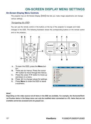 Page 24
17ViewSonic	 PJ588D/PJ568D/PJ508D

ON-SCREEN DISPLAY MENU SETTINGS
On-Screen Display Menu Controls
The	projector	has	an	On-Screen	D splay	(OSD) 	that	lets	you	make	mage	adjustments	and	change	
var  ous	sett  ngs.	
Navigating the OSD
You	can	use	the	remote	control	or	the	buttons	on	the	top	of	the	projector	to	nav  gate	and	make	
changes	to	the	OSD.	The	follow  ng	llustrat  on	shows	the	correspond  ng	buttons	on	the	remote	control	
and	on	the	projector.
A.  To...