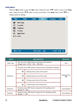 Page 34
27ViewSonic	 PJ588D/PJ568D/PJ508D

Utility Menu 
Press	the	Menu	button	to	open	the	Main	menu.	Press	the	cursor		button	to	move	to	the	Utility 
menu.	Press	the	cursor		button	to	move	up	and	down	n	the	Utility	menu. 	Press		to	
change	values	for	sett  ngs.
ITEMDESCRIPTIONDEFAULT
Video TypePress the cursor  button to select the video standard (Range: Auto – NTSC – PAL – SECAM)Auto
Projection
Press the cursor  button to choose from four projection methods:
Desktop front
Desktop mount,...