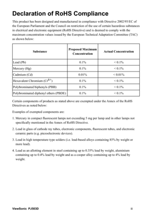 Page 49LHZ6RQLF
KKK 3-
HFODUDWLRQRI5R+6&RPSOLDQFH
LWKLUHFWLYH(&RI
VHRIFHUWDLQKD]DUGRXVVXEVWDQFHV
GHHPHGWRFRPSO\ZLWKWKH
7HFKQLFDO$GDSWDWLRQ&RPPLWWHH7$&
DVVKRZQEHORZ
6XEVWDQFH3URSRVHG0D[LPXP
&RQFHQWUDWLRQ$FWXDO&RQFHQWUDWLRQ
/HDG3E  
0HUFXU\+J  
&DGPLXP&G  
+H[DYDOHQW&KURPLXP&U
  
3RO\EURPLQDWHGELSKHQ\OV3%%  
3RO\EURPLQDWHGGLSKHQ\OHWKHUV3%(  
HUWKH$QQH[RIWKH5R+6...