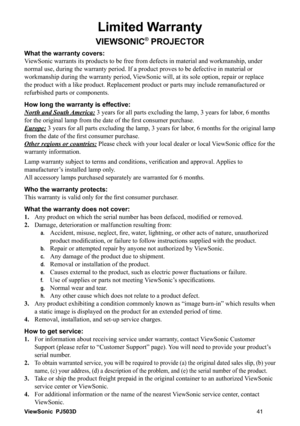 Page 479LHZ6RQLF
 3-
/LPLWHG:DUUDQW\
9,(:621,&s352-(&725
:KDWWKHZDUUDQW\FRYHUV
9ULDODQGZRUNPDQVKLSXQGHU
EHGHIHFWLYHLQPDWHULDORU
ZRUNPDQVKLSGXULQJWKHZDUUDQW\SHULRG9LHZ6RQLFZLOODWLWVVROHRSWLRQUHSDLURUUHSODFH
D\LQFOXGHUHPDQXIDFWXUHGRU
UHIXUELVKHGSDUWVRUFRPSRQHQWV
+RZORQJWKHZDUUDQW\LVHIIHFWLYH
1RUWKDQG6RXWK$PHULFDPRQWKV
VH
(XURSHPRQWKVIRUWKHRULJLQDOODPS
IURPWKHGDWHRIWKH¿UVWFRQVXPHUSXUFKDVH...