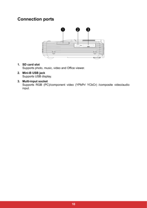 Page 1210
Connection ports
1. SD card slot
Supports photo, music, video and Office viewer.
2. Mini-B USB jack
Supports USB display.
3. Multi-input socket
Supports RGB (PC)/component video (YPbPr/ YCbCr) /composite video/audio
input.
123 