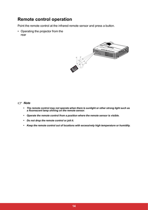 Page 1614
Remote control operation
Point the remote control at the infrared remote sensor and press a button.
• Operating the projector from the 
rear
Note
• The remote control may not operate when there is sunlight or other strong light such as 
a fluorescent lamp shining on the remote sensor.
• Operate the remote control from a position where the remote sensor is visible.
• Do not drop the remote control or jolt it.
• Keep the remote control out of locations with excessively high temperature or humidity.
15...