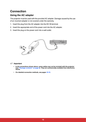 Page 1715
Connection
Using the AC adapter
The projector must be used with the provided AC adapter. Damage caused by the use 
of an incorrect adapter is not covered under the warranty.
1. Insert the plug from the AC adapter into the DC IN terminal.
2. Insert the appropriate end of the power cord into the AC adapter.
3. Insert the plug on the power cord into a wall outlet.
Important
• In the connections shown above, some cables may not be included with the projector 
(see "Package contents" on page 6)....