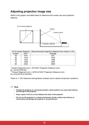 Page 2422
Adjusting projection image size
Refer to the graphic and table below to determine the screen size and projection 
distance.
* Screen Diagonal (inch) = 40/1034* Projection Distance (mm)
Ex: 24=40/1034*621
** Screen Diagonal (mm) = 40*25.4/1034* Projection Distance (mm)
Ex: 610=40*25.4/1034*621
There is +/-10% tolerance among these numbers due to optical component variations.
Note
• Position the projector in a horizontal position; other positions can cause heat build-up 
and damage to the projector.
•...