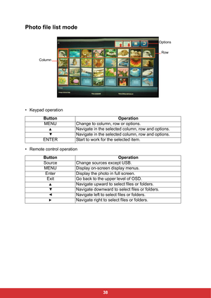 Page 4038
Photo file list mode
• Keypad operation
• Remote control operationButton Operation
MENU Change to column, row or options.
Navigate in the selected column, row and options.
Navigate in the selected column, row and options.
ENTER Start to work for the selected item.
Button Operation
Source Change sources except USB.
MENU Display on-screen display menus.
Enter Display the photo in full screen.  
Exit Go back to the upper level of OSD.
Navigate upward to select files or folders. 
Navigate downward to...