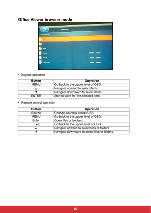 Page 4240
Office Viewer browser mode
• Keypad operation
• Remote control operationButton Operation
MENU Go back to the upper level of OSD.
Navigate upward to select items.
Navigate downward to select items.
ENTER Start to work for the selected item.
Button Operation
Source Change sources except USB.
MENU Go back to the upper level of OSD.
Enter Open files or folders.
Exit Go back to the upper level of OSD.
Navigate upward to select files or folders. 
Navigate downward to select files or folders. 