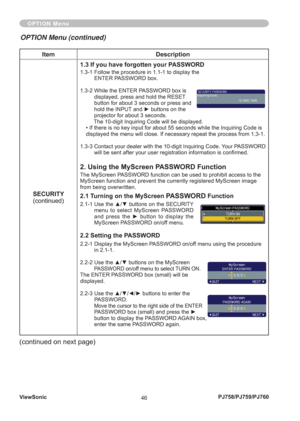 Page 51ViewSonic
46PJ758/PJ759/PJ760
Item Description
SECURITY
(continued)1.3 If you have forgotten your PASSWORD
1.3-1  Follow the procedure in 1.1-1 to display the 
ENTER PASSWORD box.
1.3-2  While the ENTER PASSWORD box is 
displayed, press and hold the RESET 
button for about 3 seconds or press and 
hold the INPUT and ► buttons on the 
projector for about 3 seconds.
The 10-digit Inquiring Code will be displayed.
• If there is no key input for about 55 seconds while the Inquiring Code is 
displayed the menu...