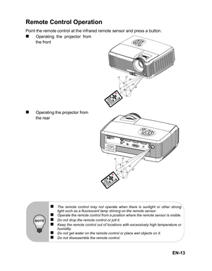 Page 16
EN-13
Remote Control Operation
Point the remote control at the infrared remote sensor and press a button.
„Operating the projector from
the front
„Operating the projector from 
the rear
1015
7m5m
5m
1015
7m5m
5m
„The remote control may not operate when there is sunlight or other strong
light such as a fluorescent lamp shining on the remote sensor.
„Operate the remote control from a position where the remote sensor is visible.„Do not drop the remote control or jolt it.„Keep the remote control out of...