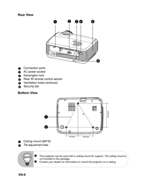 Page 11 EN-8
Rear View 
Connection ports
AC power socketKensington lock
Rear IR remote control sensor
Ventilation holes (exhaust)
Security bar
Bottom View
Ceiling mount (M4*6)
Tilt-adjustment feet
13245
6
1223456
122
„This projector can be used with a ceiling mount for support. The ceiling mount is
not included in the package.
„Contact your dealer for information to mount the projector on a ceiling.
2
1
70.0mm90.0mm
143.0mm 