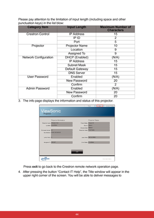 Page 51 44
Please pay attention to the limitation of input length (including space and other 
punctuation keys) in the list blow:
3. The info page displays the information and status of this projector.
Press exit to go back to the Crestron remote network operation page.
4. After pressing the button “Contact IT Help”, the Title window will appear in the 
upper right corner of the screen. You will be able to deliver messages to 
Category ItemInput LengthMaximum Number of 
Characters
Crestron Control IP Address...