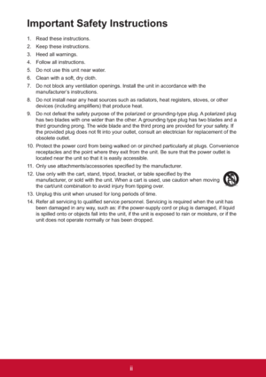 Page 3ii
Important Safety Instructions
1. Read these instructions.
2. Keep these instructions.
3. Heed all warnings.
4. Follow all instructions.
5. Do not use this unit near water.
6. Clean with a soft, dry cloth.
7. Do not block any ventilation openings. Install the unit in accordance with the 
manufacturer’s instructions.
8. Do not install near any heat sources such as radiators, heat registers, stoves, or other 
GHYLFHVLQFOXGLQJDPSOL¿HUVWKDWSURGXFHKHDW
9. Do not defeat the safety purpose of the...