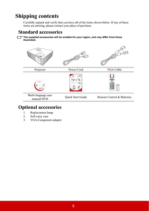 Page 105
Shipping contents
Carefully unpack and verify that you have all of the items shown below. If any of these 
items are missing, please contact your place of purchase.
Standard accessories
The supplied accessories will be suitable for your region, and may differ from those 
illustrated.
Optional accessories
1. Replacement lamp
2. Soft carry case
3. VGA-Component adapterProjector Power Cord VGA Cable
Multi-language user 
manual DVDQuick Start Guide Remote Control & Batteries 