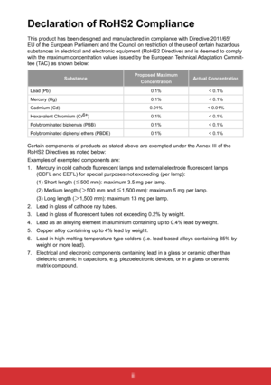 Page 4iii
Declaration of RoHS2 Compliance
This product has been designed and manufactured in compliance with Direc\
tive 2011/65/
EU of the European Parliament and the Council on restriction of the use \
of certain hazardous 
substances in electrical and electronic equipment (RoHS2 Directive) an\
d is deemed to comply 
with the maximum concentration values issued by the European Technical Adaptation Commit-
tee (TAC) as shown below:
Substance Proposed Maximum
Concentration Actual Concentration
Lead (Pb) 0.1%<...