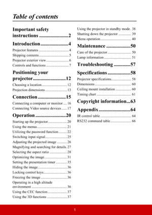 Page 61
Table of contents
Important safety 
instructions .......................2
Introduction ......................4
Projector features ................................. 4
Shipping contents ................................. 5
Projector exterior view ......................... 6
Controls and functions ......................... 7
Positioning your 
projector..........................12
Choosing a location............................ 12
Projection dimensions ........................ 13
Connection...