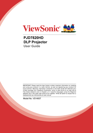 Page 1PJD7820HD
DLP Projector
User Guide
IMPORTANT: Please read this User Guide to obtain important information on installing 
and using your product in a safe manner, as well as registering your product for 
future service. Warranty information contained in this User Guide will describe your 
limited coverage from ViewSonic Corporation, which is also found on our web site at  
http://www.viewsonic.com in English, or in specific languages using the Regional 
selection box in the upper right corner of our...