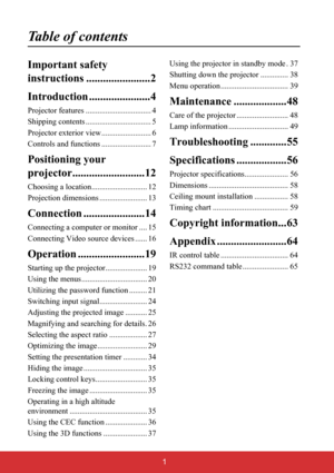 Page 6 1
Table of contents
Important safety 
instructions .......................2
Introduction ......................4
Projector features ................................. 4
Shipping contents ................................. 5
Projector exterior view ......................... 6
Controls and functions ......................... 7
Positioning your 
projector..........................12
Choosing a location............................ 12
Projection dimensions ........................ 13
Connection...