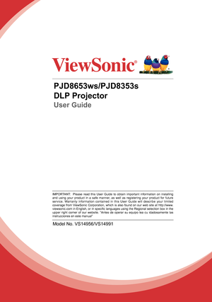 Page 1PJD8653ws/PJD8353s
DLP Projector
User Guide
IMPORTANT:  Please read this User Guide to obtain important information on installing 
and using your product in a safe manner, as well as registering your product for future 
service. Warranty information contained in this User Guide will describe your limited 
coverage from ViewSonic Corporation, which is also found on our web site at http://www.
viewsonic.com in English, or in specific languages using the Regional selection box in the 
upper right corner of...