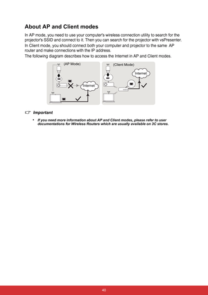 Page 47 40
About AP and Client modes
In AP mode, you need to use your computers wireless connection utility to search for the 
projectors SSID and connect to it. Then you can search for the projector with vsPresenter.
In Client mode, you should connect both your computer and projector to the same
 AP 
router and make connections with the IP address.
The following diagram describes how to access the Internet in AP and Client modes.
Important
•
If you need more information about AP and Client modes, please refer...