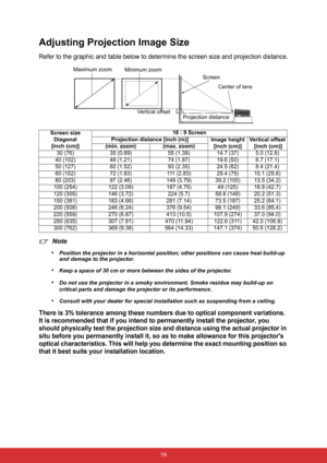 Page 26 19
Adjusting Projection Image Size
Refer to the graphic and table below to determine the screen size and projection distance.
Note
•
Position the projector in a horizontal position; other positions can cause heat build-up 
and damage to the projector.
•Keep a space of 30 cm or more between the sides of the projector.
•Do not use the projector in a smoky environment. Smoke residue may build-up on 
critical parts and damage the projector or its performance
.
•Consult with your dealer for special...