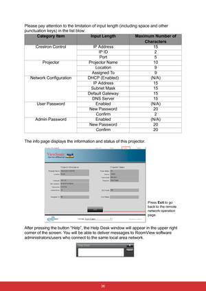 Page 43 36
Please pay attention to the limitation of input length (including space and other 
punctuation keys) in the list blow:
The info page displays the information and status of this projector.
After pressing the button “Help”, the Help Desk window will appear in the upper right 
corner of the screen. You will be able to deliver messages to RoomView software 
administrators/users who connect to the same local area network.
Category ItemInput LengthMaximum Number of
Characters
Crestron Control IP Address...