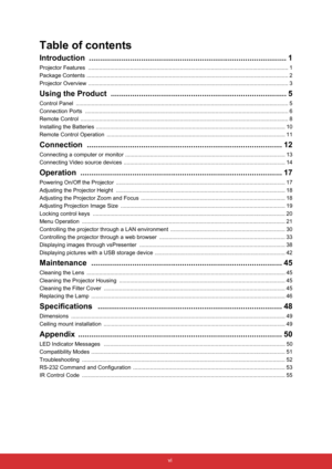 Page 7Table of contents
 vi
Introduction ........................................................................................... 1
Projector Features  ............................................................................................................ ..................... 1
Package Contents .............................................................................................................. .................... 2
Projector Overview...