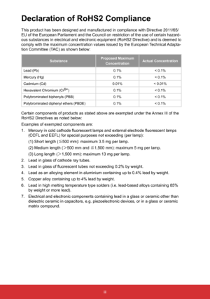 Page 4iii
Declaration of RoHS2 Compliance
This product has been designed and manufactured in compliance with Direc\
tive 2011/65/
EU of the European Parliament and the Council on restriction of the use \
of certain hazard-
ous substances in electrical and electronic equipment (RoHS2 Directive)\
 and is deemed to 
comply with the maximum concentration values issued by the European Technical Adapta-
tion Committee (TAC) as shown below:
SubstanceProposed Maximum
Concentration Actual Concentration
Lead (Pb) 0.1%<...