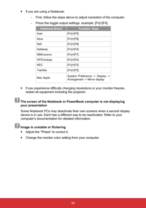 Page 6059
 
` If you are using a Notebook:
 
- First, follow the steps above to adjust resolution of the computer.
 
- Press the toggle output settings. example: [Fn]+[F4] 
Notebook Brand Function  Keys
Acer [Fn]+[F5]
Asus [Fn]+[F8]
Dell [Fn]+[F8]
Gateway [Fn]+[F4]
IBM/Lenovo [Fn]+[F7]
HP/Compaq [Fn]+[F4]
NEC [Fn]+[F3]
Toshiba [Fn]+[F5]
Mac Apple System Preference -> Display -> 
Arrangement -> Mirror display
 
` If you experience difficulty changing resolutions or your monitor freezes, 
restart all equipment...