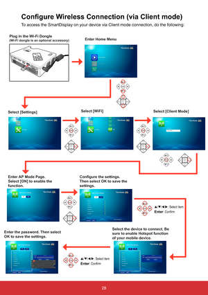 Page 3028
Configure Wireless Connection (via Client mode)
To access the SmartDisplay on your device via Client mode connection, do \
the following:
Select [Client Mode]
Enter Home Menu
Select [Settings] Select [WiFi]
Enter AP Mode Page. 
Select [ON] to enable the 
function.
Configure the settings. 
Then select OK to save the 
settings. 
Select the device to connect. Be 
sure to enable Hotspot function 
of your mobile device. Enter the password. Then select OK to save the settings. 
Plug in the Wi-Fi...