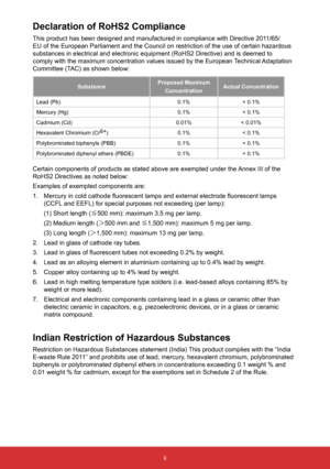 Page 4ii
Declaration of RoHS2 Compliance
This product has been designed and manufactured in compliance with Direc\
tive 2011/65/
EU of the European Parliament and the Council on restriction of the use \
of certain hazardous 
substances in electrical and electronic equipment (RoHS2 Directive) an\
d is deemed to 
comply with the maximum concentration values issued by the European T
 echnical Adaptation 
Committee (TAC) as shown below:
Substance Proposed Maximum
Concentration Actual Concentration
Lead (Pb) 0.1%<...