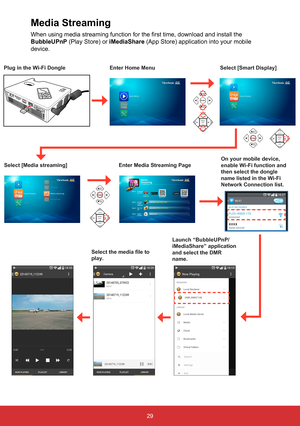 Page 3129
Enter Home Menu
Select [Media streaming]Plug in the Wi-Fi DongleSelect [Smart Display]
Enter Media Streaming PageOn your mobile device, 
enable Wi-Fi function and 
then select the dongle 
name listed in the Wi-Fi 
Network Connection list.
Media Streaming
When using media streaming function for the first time, download and install the 
BubbleUPnP (Play Store) or iMediaShare (App Store) application into your mobile 
device.
Launch “BubbleUPnP/
iMediaShare” application 
and select the DMR 
name.
Select...