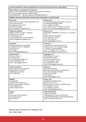 Page 4846
Contact Information for Sales & Authorized Service (Centro Autorizado de Servicio) within Mexico:
Name, address, of manufacturer and importers:
México, Av. de la Palma #8 Piso 2 Despacho 203, Corporativo Interpalmas,
Col. San Fernando Huixquilucan, Estado de México
Tel: (55) 3605-1099     http://www.viewsonic.com/la/soporte/index.htm
NÚMERO GRATIS DE ASISTENCIA TÉCNICA PARA TODO MÉXICO: 001.866.823.2004
Hermosillo:
Distribuciones y Servicios Computacionales SA de CV.
Calle Juarez 284 local 2
Col....