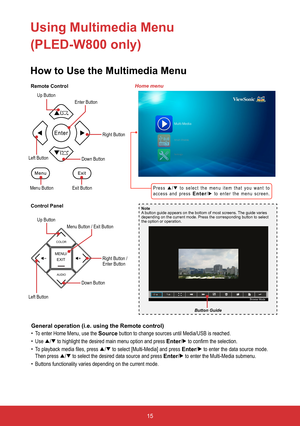 Page 1715
Using Multimedia Menu  
(PLED-W800 only)
How to Use the Multimedia Menu
General operation (i.e. using the Remote control)
•	 To enter Home Menu, use the  Source button to change sources until Media/USB is reached.
•	 Use 
p/q to highlight the desired main menu option and press  Enter/u	to	confirm	the	selection.
•	To	playback	media	files, 	press p/q to select [Multi-Media] and press  Enter/u to enter the data source mode. 
Then press p/q to select the desired data source and press  Enter/u to enter the...