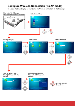 Page 2927
Configure Wireless Connection (via AP mode)
To access the SmartDisplay on your device via AP mode connection, do the following:
Select [AP Mode]
Enter Home Menu
Select [Settings] Select [WiFi]
Enter AP Mode Page. 
Select [ON] to enable the 
function.Configure the settings. 
Then select OK to save the 
settings. 
COLOR
AUDIOMENU/ EXIT
Plug in the Wi-Fi Dongle(Wi-Fi dongle is an optional accessory)
COLOR
AUDIOMENU/ EXITCOLOR
AUDIOMENU/ EXIT
COLOR
AUDIOMENU/ EXIT
COLOR
AUDIOMENU/ EXIT
p/q/t/u: Select...
