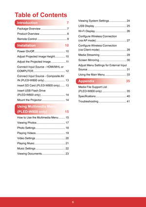 Page 86
Table of Contents
Viewing System Settings ......................24
USB Display
 .........................................25
Wi-Fi Display
 ........................................26
Configure Wireless Connection   
(via AP  mode)
 .......................................27
Configure Wireless Connection   
(via Client mode)
 ..................................28
Media Streaming
 ..................................29
Screen Mirroring
 ...................................30
Adjust Menu Settings for External...