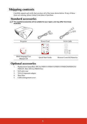 Page 125
Shipping contents
Carefully unpack and verify that you have all of the items shown below. If any of these 
items are missing, please contact your place of purchase.
Standard accessories
The supplied accessories will be suitable for your region, and may differ from those 
illustrated.
Optional accessories
1. Replacement lamp (RLC-092 for PJD5151/PJD5153/PJD5155/PJD5250/PJD5253/
PJD5255. RLC-093 for PJD5555w)
2. Soft carry case
3. VGA-Component adapter
4. Dust filter
5. Cable management coverProjector...
