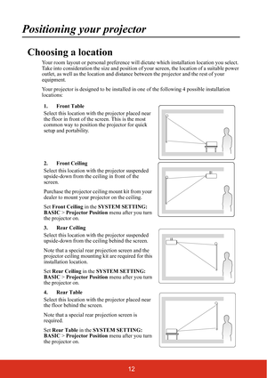 Page 1912
Positioning your projector
Choosing a location
Your room layout or personal preference will dictate which installation location you select. 
Take into consideration the size and position of your screen, the location of a suitable power 
outlet, as well as the location and distance between the projector and the rest of your 
equipment.
Your projector is designed to be installed in one of the following 4 possible installation 
locations:
1. Front Table
Select this location with the projector placed near...