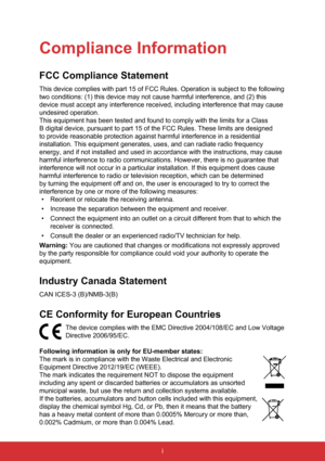 Page 3i
Compliance Information
FCC Compliance Statement
This device complies with part 15 of FCC Rules. Operation is subject to \
the following 
two conditions: (1) this device may not cause harmful interference, an\
d (2) this 
device must accept any interference received, including interference tha\
t may cause 
undesired operation.
This equipment has been tested and found to comply with the limits for a\
 Class 
B digital device, pursuant to part 15 of the FCC Rules. These limits are\
 designed 
to provide...