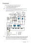 Page 15Connection 15
Connection
When connecting a signal source to the projector, be sure to:
1. Turn all equipment off before making any connections.
2. Use the correct signal cables for each source.
3. Ensure the cables are firmly inserted.
•  In the connections shown below, some cables may not be included with the projector (see Shipping 
contents on page 8). They are commercially available from electronics stores.
•  The connection illustrations below are for reference only. The rear connecting jacks...