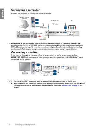 Page 1818 Connecting to video equipment  
EnglishConnecting a computer
Connect the projector to a computer with a VGA cable. 
Many laptops do not turn on their external video ports when connected to a projector. Usually a key 
combination like Fn + F3 or CRT/LCD key turns the external display on/off. Locate a function key labeled 
CRT/LCD or a function key with a monitor symbol on the laptop. Press Fn and the labeled function key 
simultaneously. Refer to your laptop
s documentation to discover your laptops key...