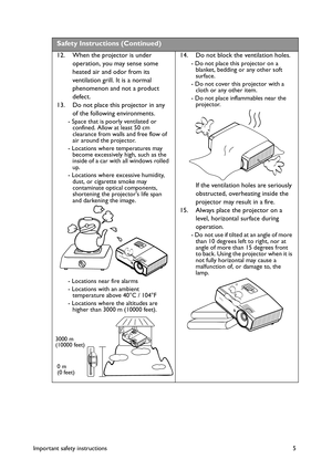 Page 5Important safety instructions 5
Safety Instructions (Continued)
12. When the projector is under 
operation, you may sense some 
heated air and odor from its 
ventilation grill. It is a normal 
phenomenon and not a product 
defect.
13. Do not place this projector in any 
of the following environments.
- Space that is poorly ventilated or 
confined. Allow at least 50 cm 
clearance from walls and free flow of 
air around the projector. 
- Locations where temperatures may 
become excessively high, such as...