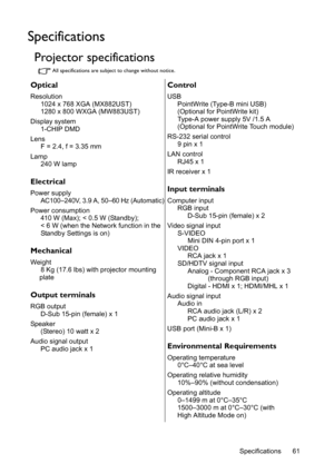 Page 61Specifications 61
Specifications
Projector specifications
All specifications are subject to change without notice.
Optical
Resolution
1024 x 768 XGA (MX882UST)
1280 x 800 WXGA (MW883UST)
Display system
1-CHIP DMD
Lens
F = 2.4, f = 3.35 mm
Lamp
240 W lamp
Electrical
Power supplyAC100–240V, 3.9 A, 50–60 Hz (Automatic)
Power consumption410 W (Max); < 0.5 W (Standby);
< 6 W (when the Network function in the 
Standby Settings is on)
Mechanical
Weight
8 Kg (17.6 lbs) with projector mounting 
plate
Output...