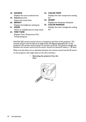 Page 14Introduction 14Infra-Red (IR) remote control sensor is located on the front of the projector. The 
remote control must be held at an angle within 30 degrees perpendicular to the 
projectors IR remote control sensor to function correctly. The distance straight line 
between the remote control and the sensor should not exceed 8 meters (~ 26 feet).
Make sure that there are no obstacles between the remote control and the IR sensor 
on the projector that might obstruct the infra-red beam. 18. SOURCE
Displays...