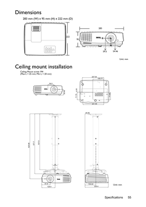 Page 55Specifications 55
Dimensions
283 mm (W) x 95 mm (H) x 222 mm (D)
Ceiling mount installation
283
222
95
Unit: mm 59.554.46
59.5
54.46
207.54
71.75
201.55
71.654.93
105.77
625.86
128.9 81.9
577.7
537.9
44.94
104.42
225.4
Ceiling Mount screw: M4
(Max L = 25 mm; Min L = 20 mm)
Unit: mm 