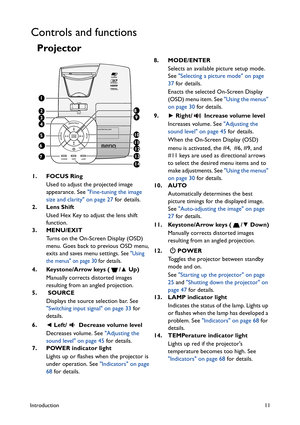 Page 11Introduction11
Controls and functions
Projector 
1. FOCUS Ring
Used to adjust the projected image 
appearance. See Fine-tuning the image 
size and clarity on page 27 for details.
2. Lens Shift
Used Hex Key to adjust the lens shift 
function.
3. MENU/EXIT
Turns on the On-Screen Display (OSD) 
menu. Goes back to previous OSD menu, 
exits and saves menu settings. 
See Using 
the menus on page 30 for details.
4. Keystone/Arrow keys ( /▲ Up)
Manually corrects distorted images 
resulting from an angled...