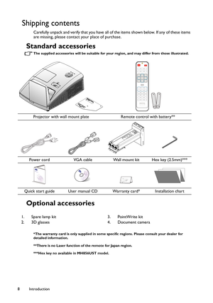 Page 8Introduction 8
Shipping contents
Carefully unpack and verify that you have all of the items shown below. If any of these items 
are missing, please contact your place of purchase.
Standard accessories
The supplied accessories will be suitable for your region, and may differ from those illustrated. 
Optional accessories 
*The warranty card is only supplied in some specific regions. Please consult your dealer for 
detailed information.
**There is no Laser function of the remote for Japan region.
***Hex key...