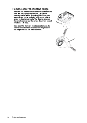 Page 14Projector features 14
Remote control effective range
Infra-Red (IR) remote control sensor is located on the 
front and the top of the projector. The remote 
control must be held at an angle within 30 degrees 
perpendicular to the projectors IR remote control 
sensor to function correctly. The distance between 
the remote control and the sensor should not exceed 
8 meters (~ 26 feet). 
Make sure that there are no obstacles between the 
remote control and the IR sensor on the projector 
that might obstruct...