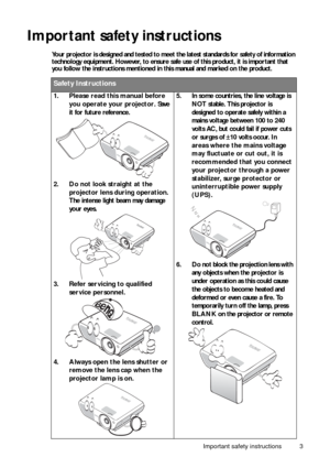 Page 3Important safety instructions 3
Important safety instructions
Your projector is designed and tested to meet the latest standards for safety of information 
technology equipment. However, to ensure safe use of this product, it is important that 
you follow the instructions mentioned in this manual and marked on the product. 
Safety Instructions
1.Please read this manual before 
you operate your projector. Save 
it for future reference. 
2.Do not look straight at the 
projector lens during operation. 
The...