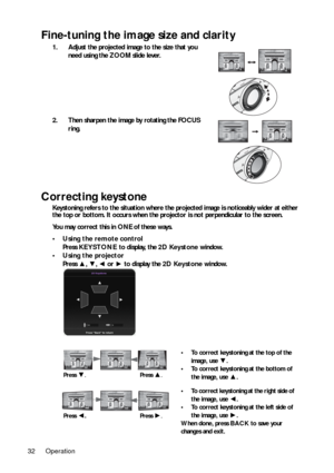 Page 32Operation 32
Fine-tuning the image size and clarity
1. Adjust the projected image to the size that you 
need using the ZOOM slide lever. 
2. Then sharpen the image by rotating the FOCUS 
ring. 
Correcting keystone
Keystoning refers to the situation where the projected image is noticeably wider at either 
the top or bottom. It occurs when the projector is not perpendicular to the screen.
You may correct this in ONE of these ways.
•Using the remote control
Press KEYSTONE to display, the 2D Keystone...