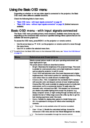 Page 35Menu Functions 35
Using the Basic OSD menu
Depending on whether or not any video signal is connected to the projector, the Basic 
OSD menu offers different available functions.
Check the following links to learn more.
•Basic OSD menu - with input signals connected on page 35
•Basic OSD menu - without input signals connected on page 38 (limited menus are 
available)
Basic OSD menu - with input signals connected
The Basic OSD menu provides primary menu functions. Available menu items may vary 
depending on...